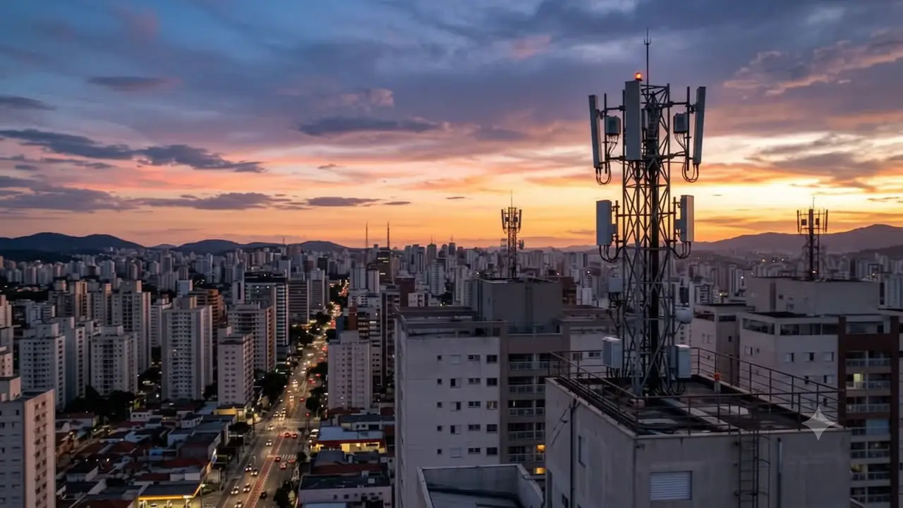 Torres de telecomunicação no alto de prédios de São Paulo ao entardecer