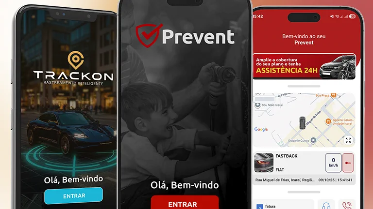 Três celulares lado a lado, cada um com um app de rastreamento de marca diferente